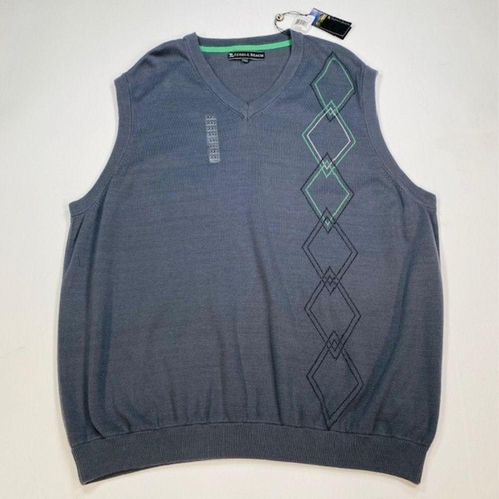 Pebble Beach Mens XXL Gray Argyle V-Neck Golf Sweater Vest Cotton 7749-14 NEW